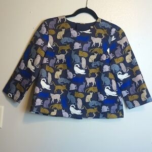 H&M Blue Kitty Cat Retro Novelty Print Cropped Boxy Cut 3/4 Sleeve Blouse Size 6